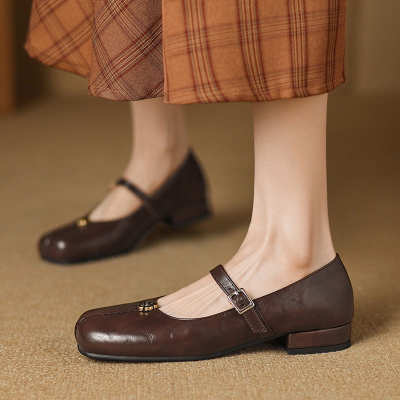 Women's Square Toe Buckle Strap Block Heel Flat Shoes