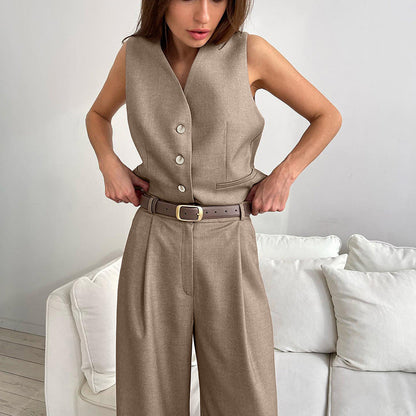 Women's Vest and Wide Trousers Set – Button Detail and Fitted Cut
