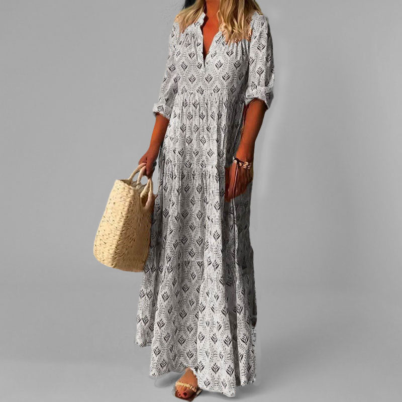 Robe Longue femme en Coton Léger, Imprimé Vintage et Manches 3/4