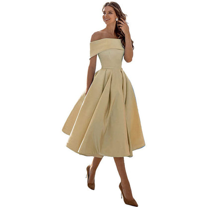 Robe Épaules Dénudées pour Femme – Coupe A-Ligne – Jupe Plissée – Élégance Formelle