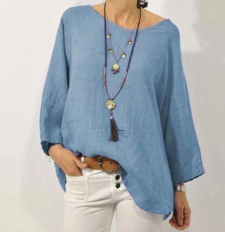 Haut Femme Coton Lin – Coupe Décontractée, Manches 3/4 Raglan et Ourlet Asymétrique