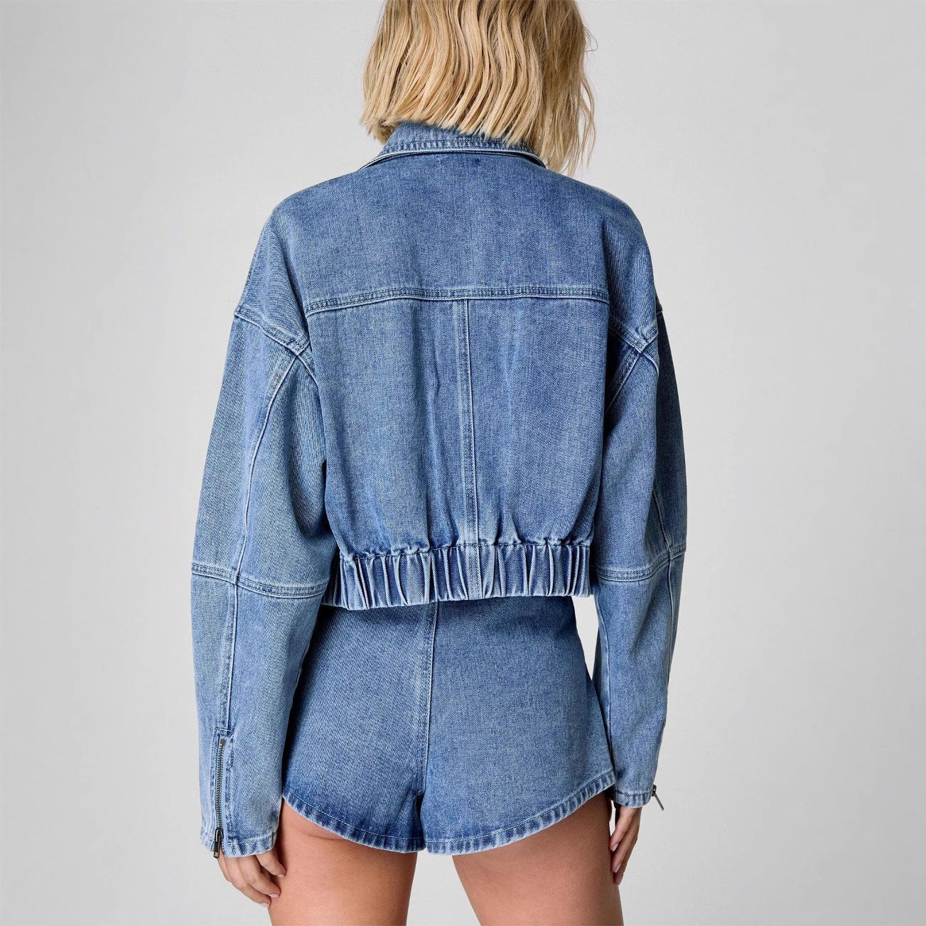 Veste en Jean Oversize Courte à Fermeture Zippée et Poches Utilitaires pour Femme