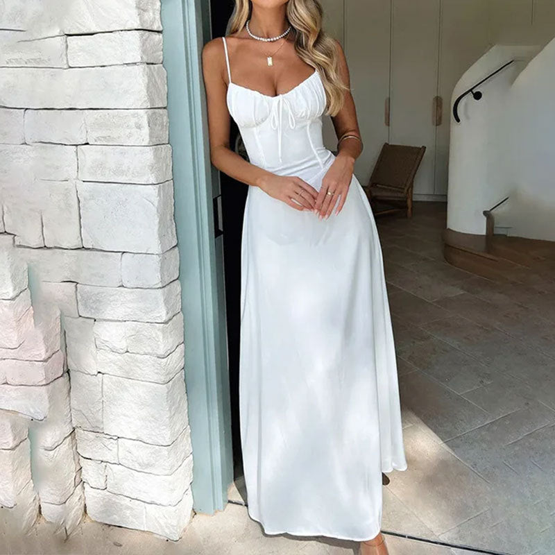 Robe Longue femme évasée Effet Satiné Avec Corsage Froncé et bøder Bretelles