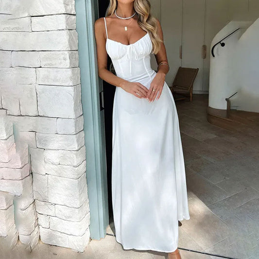 Robe Longue Femme Évasée Effet Satiné avec Corsage Froncé et Fines Bretelles