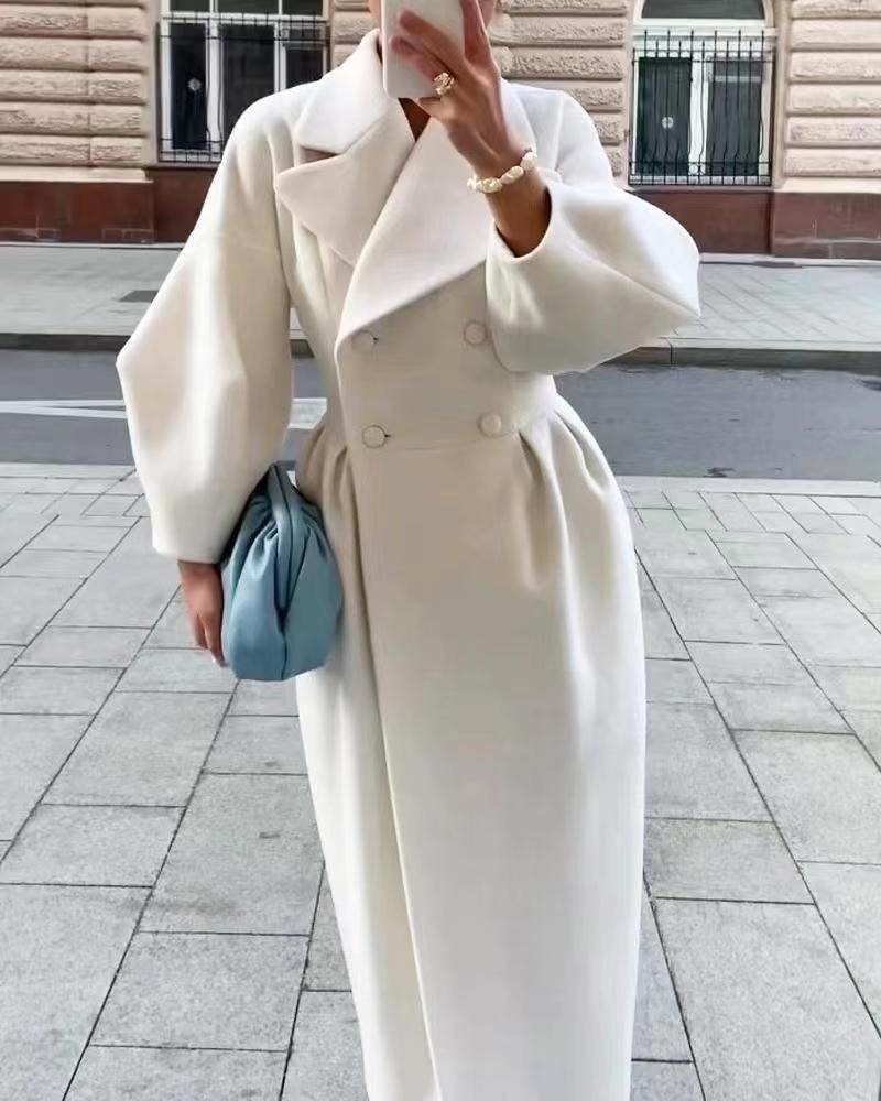 Manteau Long pour Femmes à Manches Bouffantes et Col, Coupe Cintrée Élégante