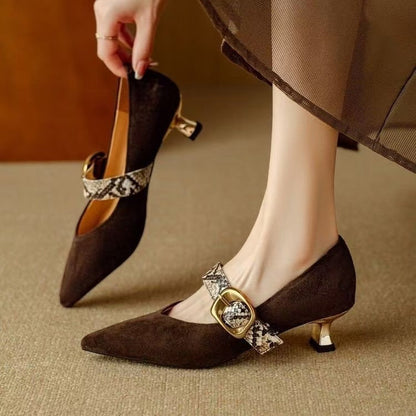 Women's Suede Pointed Toe Mary Jane Shoes with Snake Print Strap