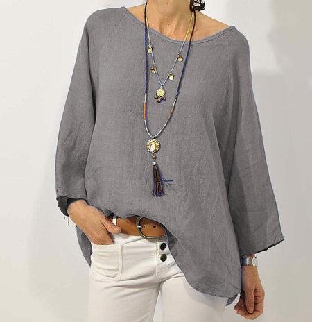 Haut Femme Coton Lin – Coupe Décontractée, Manches 3/4 Raglan et Ourlet Asymétrique