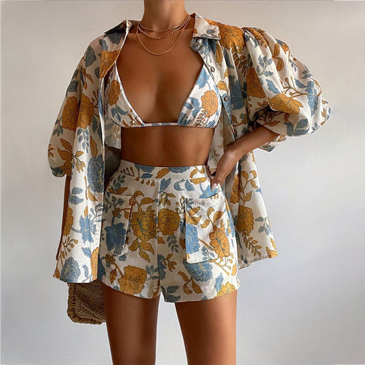 Women's Loose Floral Shirt - Lightweight Cotton, Puff Sleeves