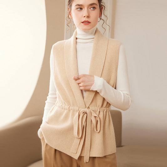 Gilet Ceinturé en Laine avec Col Châle à Coupe Détendue pour Femme