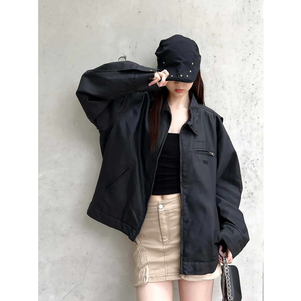Women's Faux Leather Jacket – Oversized Fit – Waxed Finish – Zippered Pockets