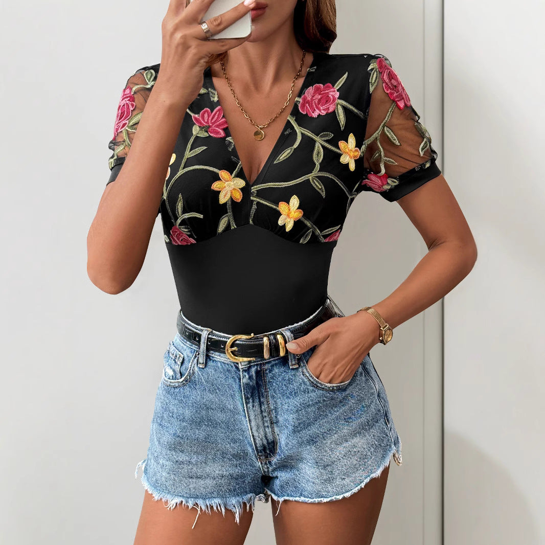 Women’s Bodysuit – Slim Fit – V-Neck – Mesh Sleeves – Embroidered Floral Design
