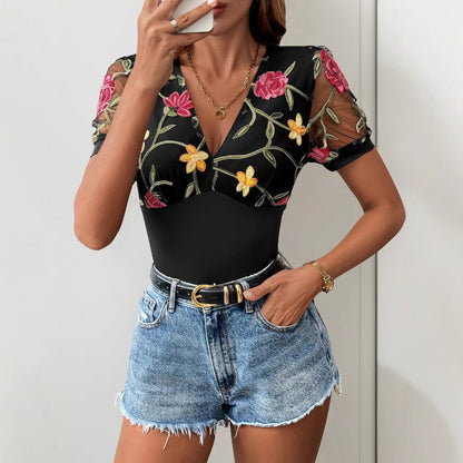 Women’s Bodysuit – Slim Fit – V-Neck – Mesh Sleeves – Embroidered Floral Design