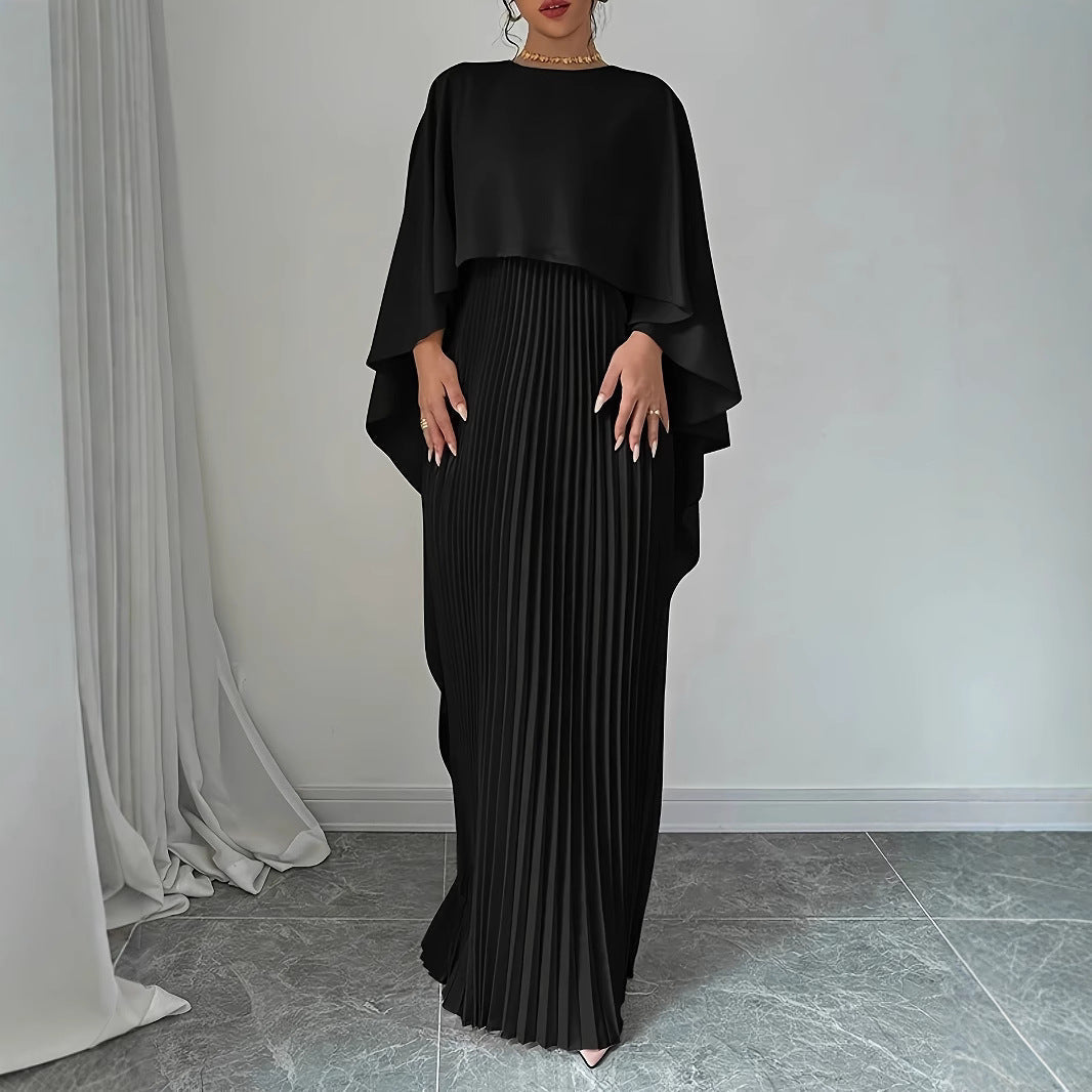 Robe longue fluide à col montant, manches chauve-souris et jupe plissée