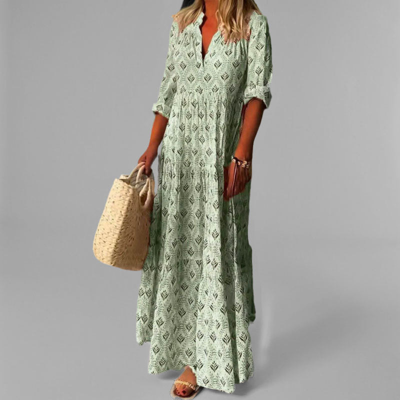 Robe Longue femme en Coton Léger, Imprimé Vintage et Manches 3/4