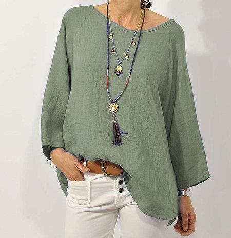 Haut Femme Coton Lin – Coupe Décontractée, Manches 3/4 Raglan et Ourlet Asymétrique