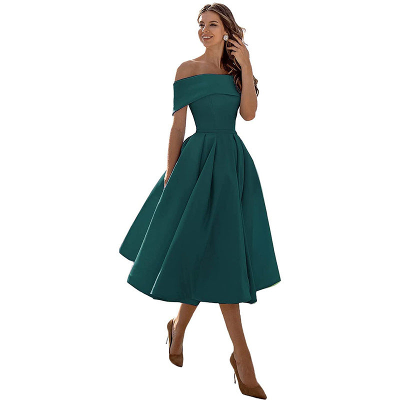 Robe Épaules Dénudées pour Femme – Coupe A-Ligne – Jupe Plissée – Élégance Formelle