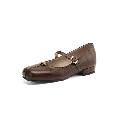 Women's Square Toe Buckle Strap Block Heel Flat Shoes