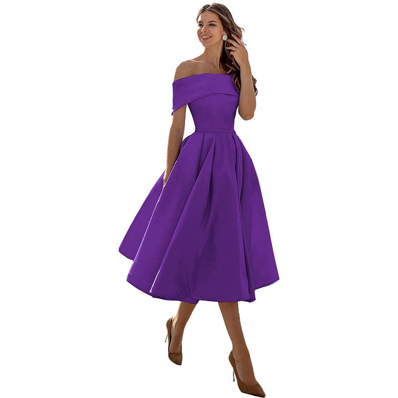 Robe Épaules Dénudées pour Femme – Coupe A-Ligne – Jupe Plissée – Élégance Formelle