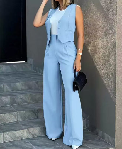 Elise Women's Set – Classic Buttoned Structured Suit and High Waist Wide Leg Pants