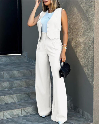 Elise Women's Set – Classic Buttoned Structured Suit and High Waist Wide Leg Pants
