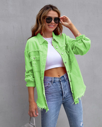 Veste en Jean Oversize Délavée Mi-Longue pour Femme