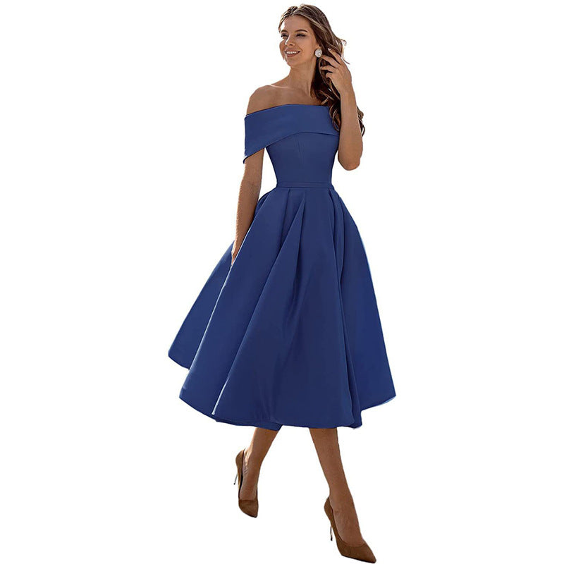 Robe Épaules Dénudées pour Femme – Coupe A-Ligne – Jupe Plissée – Élégance Formelle