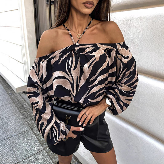 Top Femme Léopard Épaules Dénudées – Manches Longues et Coupe Ample