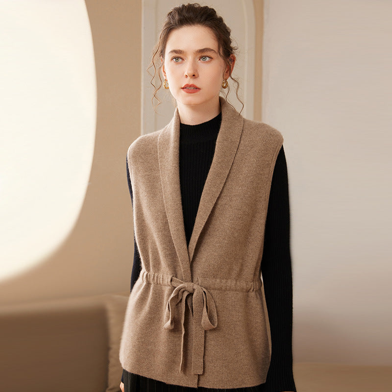 Gilet Ceinturé en Laine avec Col Châle à Coupe Détendue pour Femme