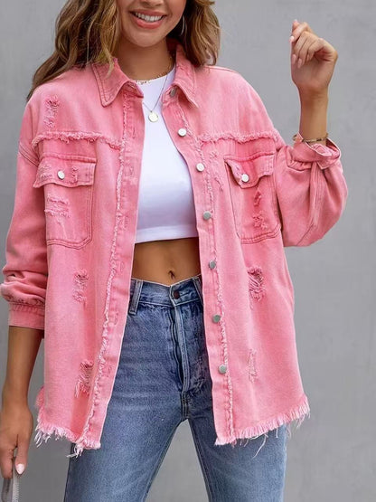 Veste en Jean Oversize Délavée Mi-Longue pour Femme