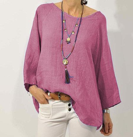 Haut Femme Coton Lin – Coupe Décontractée, Manches 3/4 Raglan et Ourlet Asymétrique