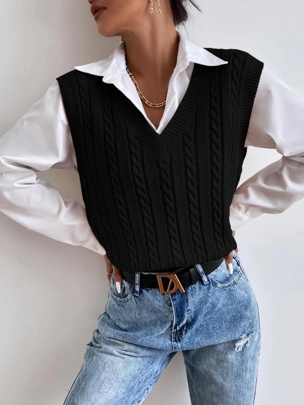 Pull Sans Manches en Maille Torsadée à Col V pour Femme