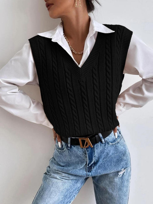 Pull Sans Manches en Maille Torsadée à Col V pour Femme