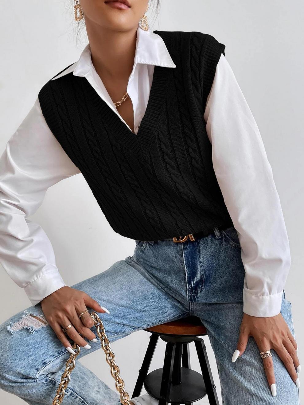Pull Sans Manches en Maille Torsadée à Col V pour Femme