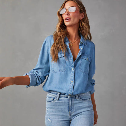 Chemise en Jean Décontractée à Manches Longues pour Femme