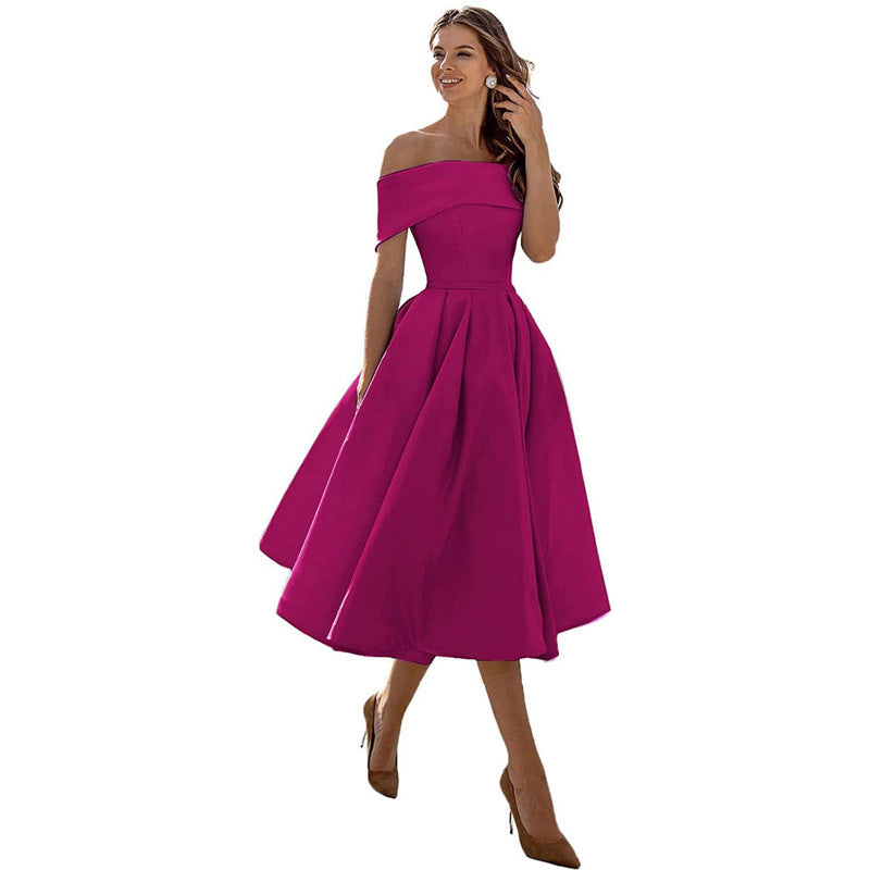 Robe Épaules Dénudées pour Femme – Coupe A-Ligne – Jupe Plissée – Élégance Formelle