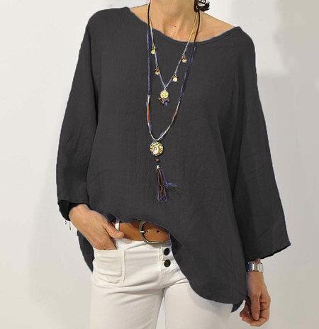 Haut Femme Coton Lin – Coupe Décontractée, Manches 3/4 Raglan et Ourlet Asymétrique