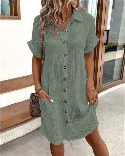 Robe-Chemise Décontractée Pour Femme-Boutonnée, Manches Courtes Repliées, Coupe Légère et rigelig