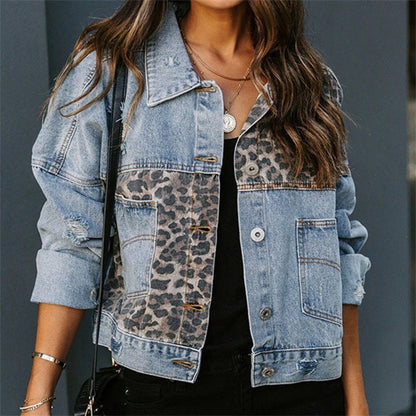 Veste en Jean Décontractée à Empiècements Léopard pour Femme