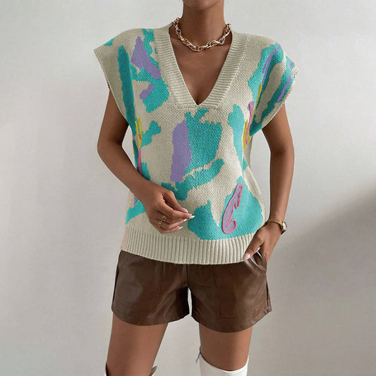 Pull Sans Manches en Maille Jacquard à Coupe Ample pour Femme