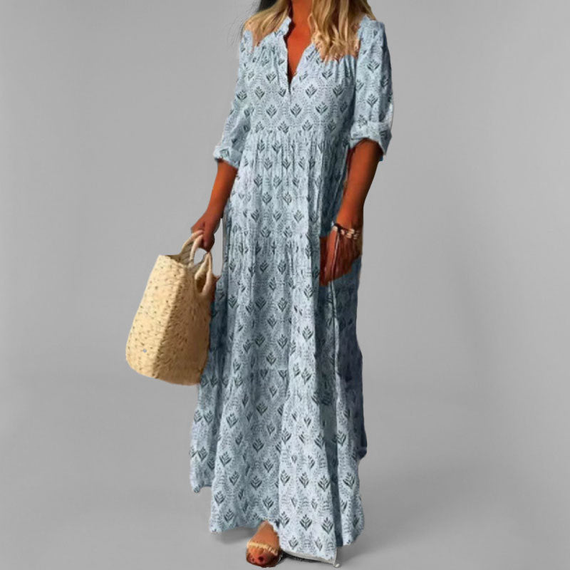 Robe Longue femme en Coton Léger, Imprimé Vintage et Manches 3/4