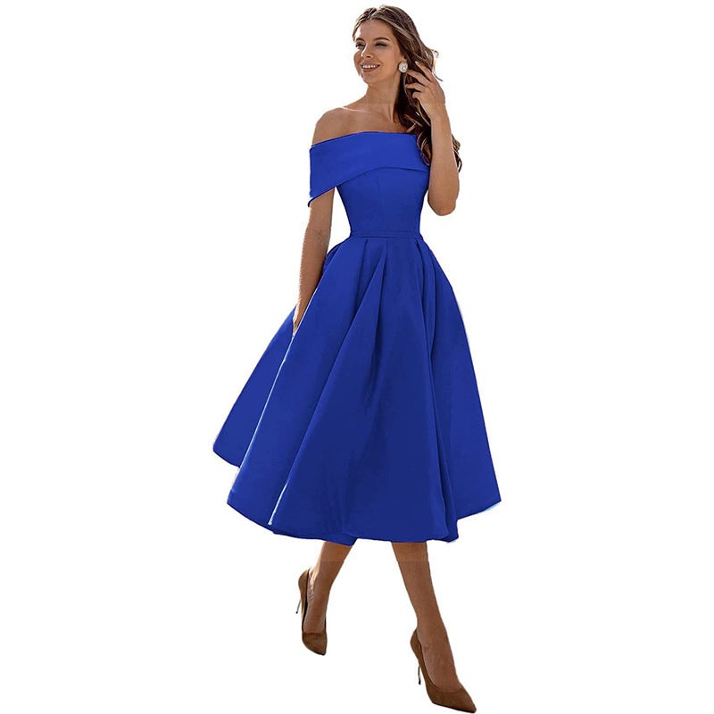 Robe Épaules Dénudées pour Femme – Coupe A-Ligne – Jupe Plissée – Élégance Formelle