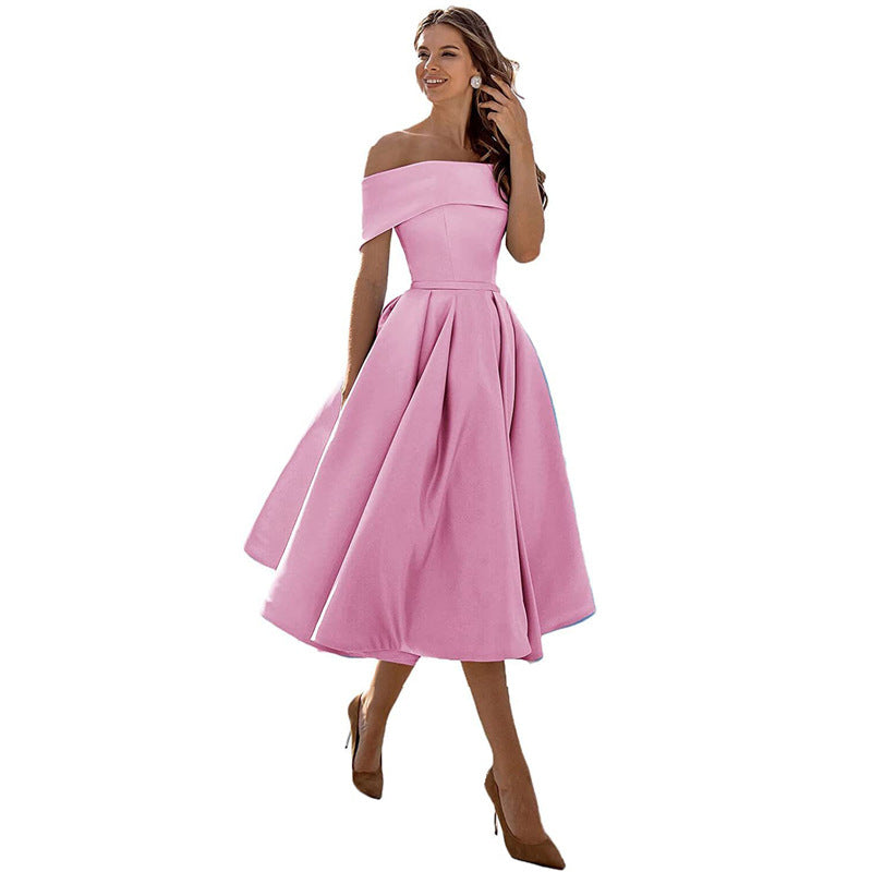 Robe Épaules Dénudées pour Femme – Coupe A-Ligne – Jupe Plissée – Élégance Formelle