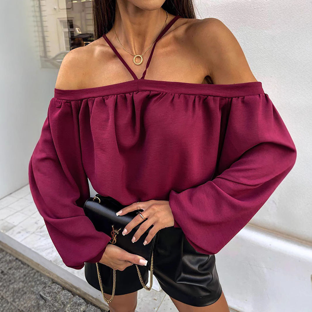 Top Femme Léopard Épaules Dénudées – Manches Longues et Coupe Ample