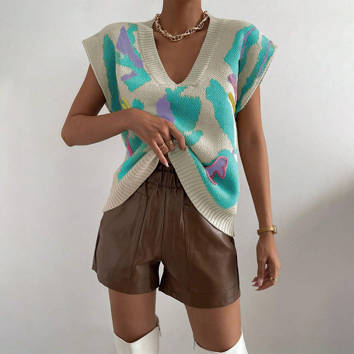Pull Sans Manches en Maille Jacquard à Coupe Ample pour Femme