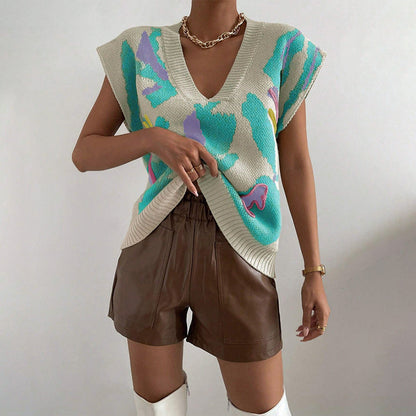 Pull Sans Manches en Maille Jacquard à Coupe Ample pour Femme