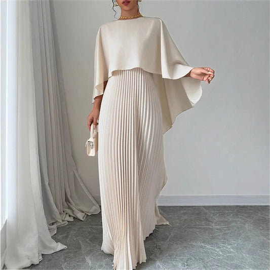 Robe longue fluide à col montant, manches chauve-souris et jupe plissée
