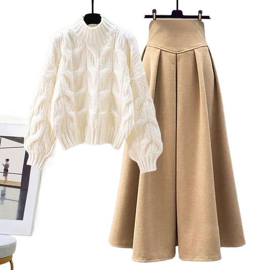 Cable Sweater and High Waisted A-Line Skirt Set – Relaxed Fit – Crew Neck Long Sleeves