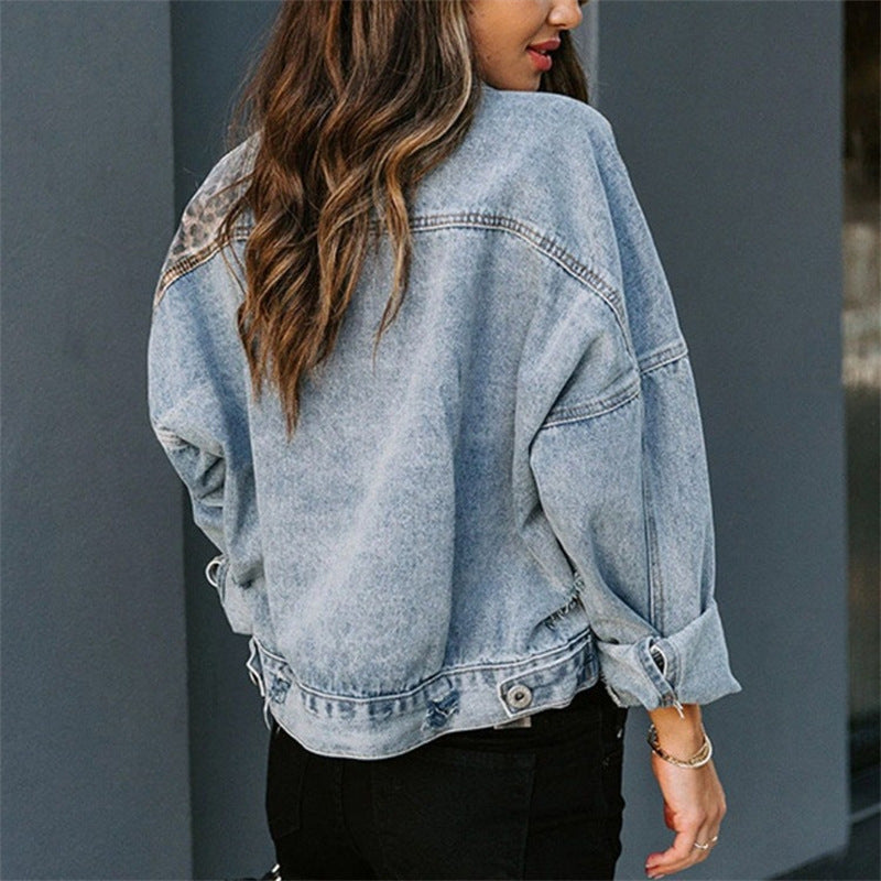 Veste en Jean Décontractée à Empiècements Léopard pour Femme