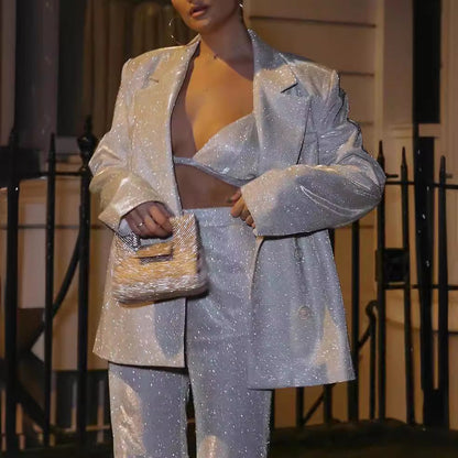 Women's Oversized Blazer Set in Sparkly Fabric - Structured Shoulders