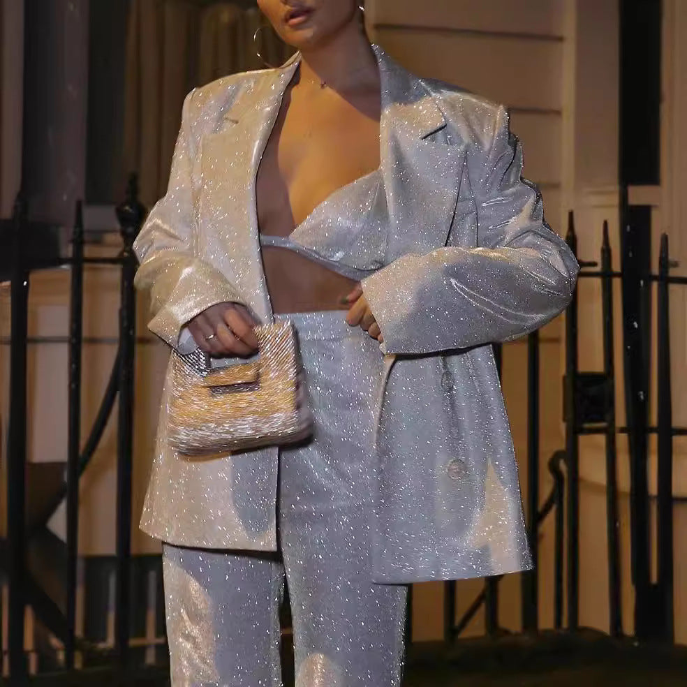 Ensemble Blazer Femme Oversize en Tissu Scintillant – Épaules Structurées